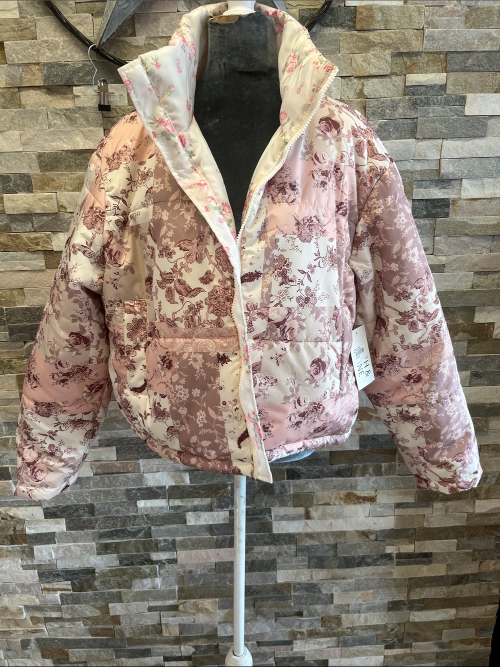 Reversible BIRCH & STONE Pink Floral Patchwork Puffer Jacket